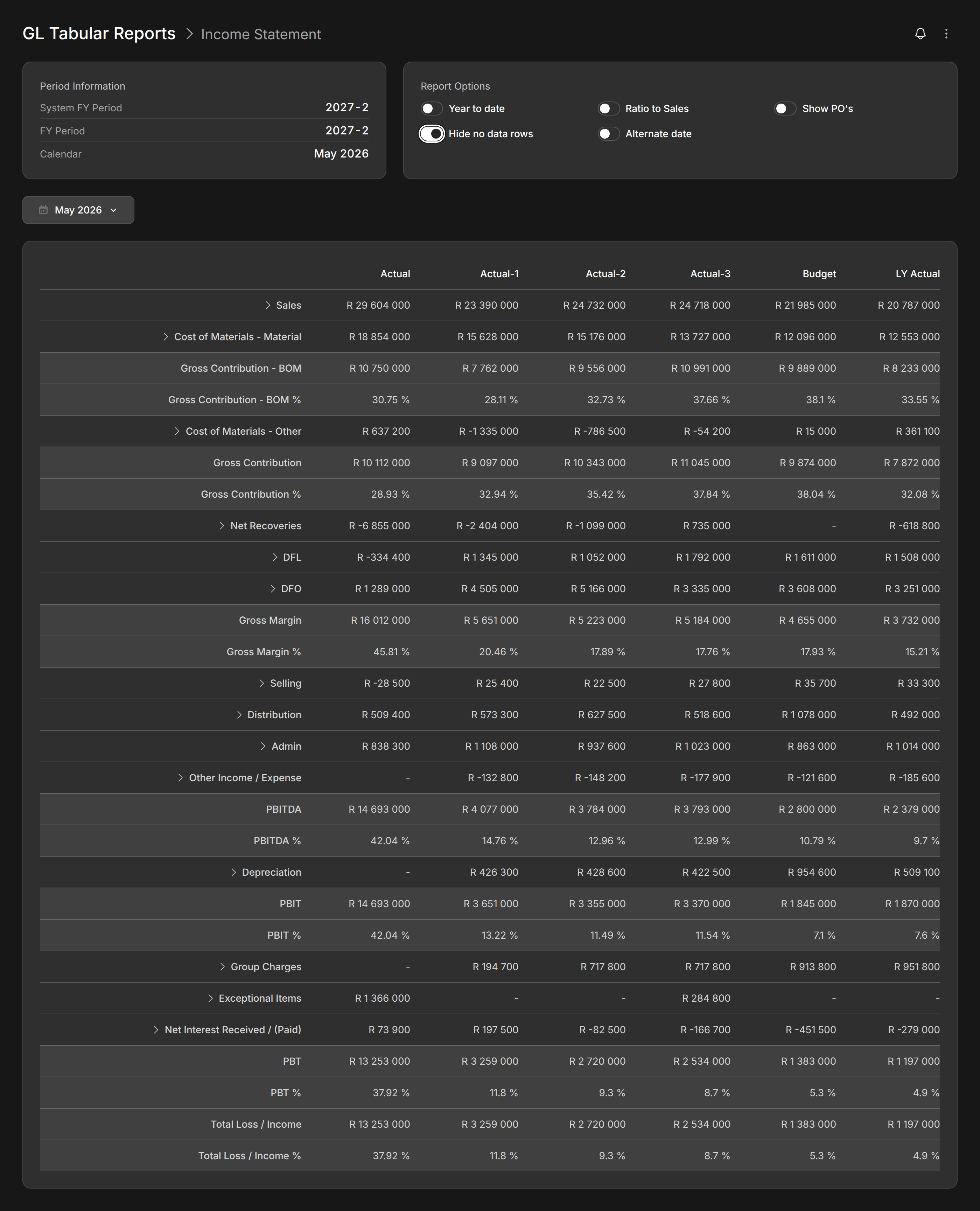 Modblox GL Tabular Income Statement with period comparison columns