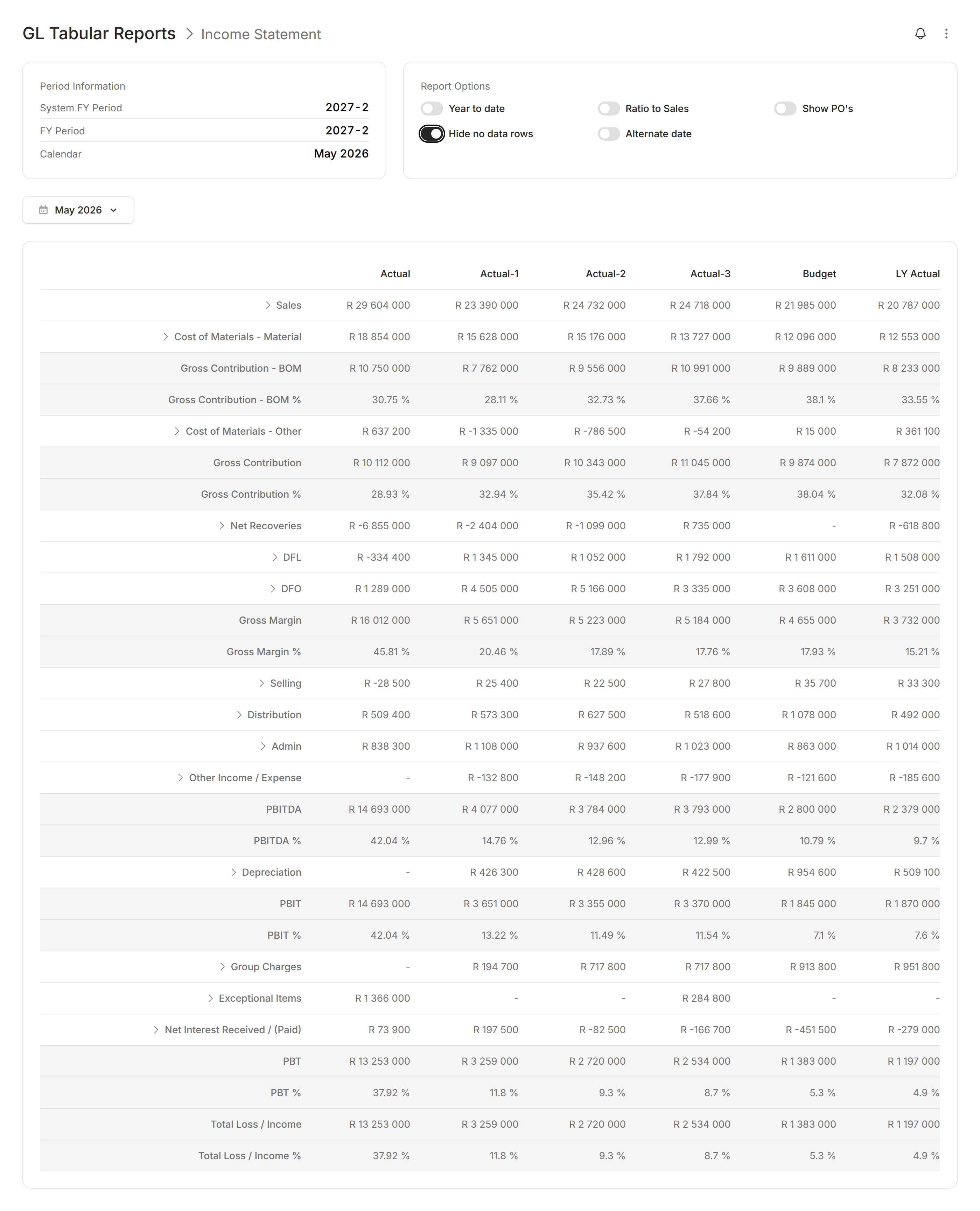 Modblox GL Tabular Income Statement with period comparison columns