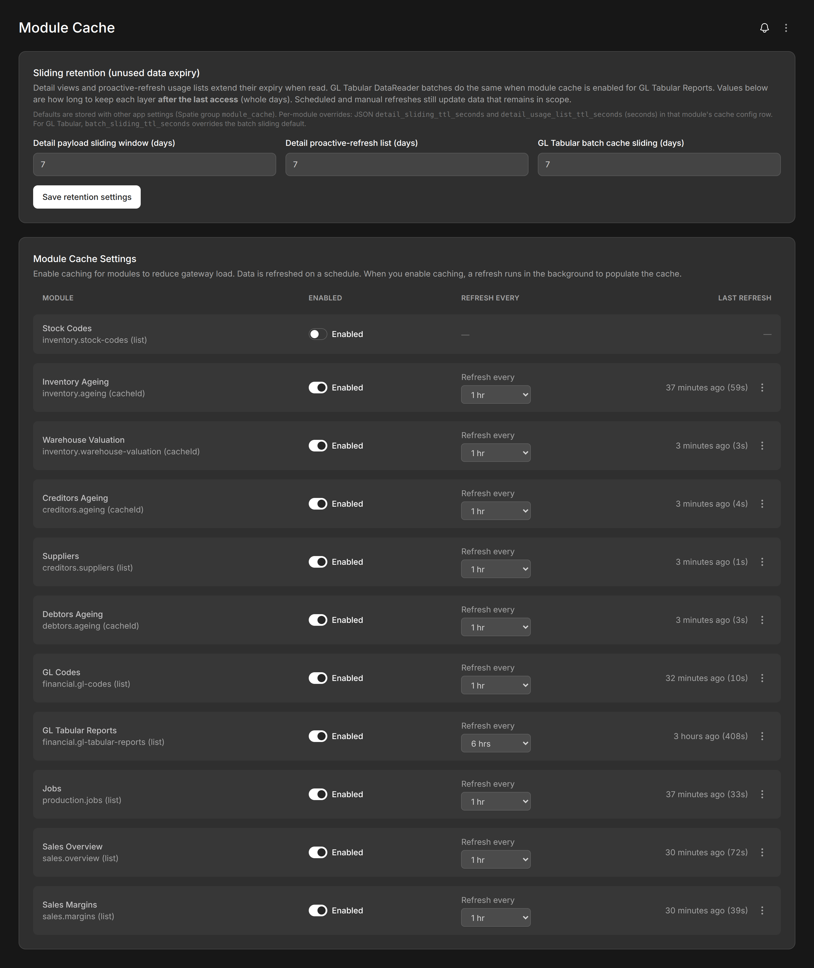ModBlox Module Cache admin settings with refresh schedules