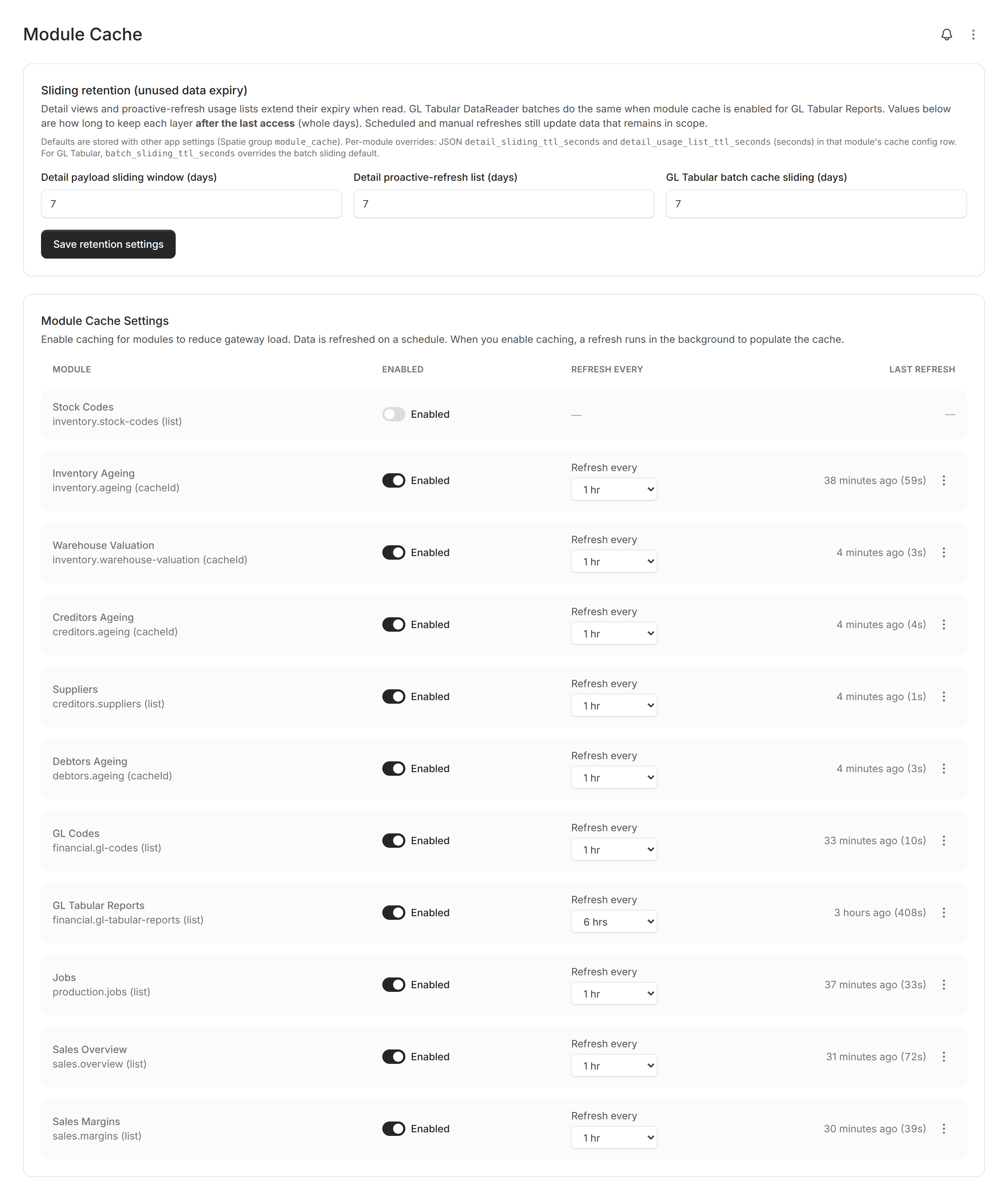 ModBlox Module Cache admin settings with refresh schedules