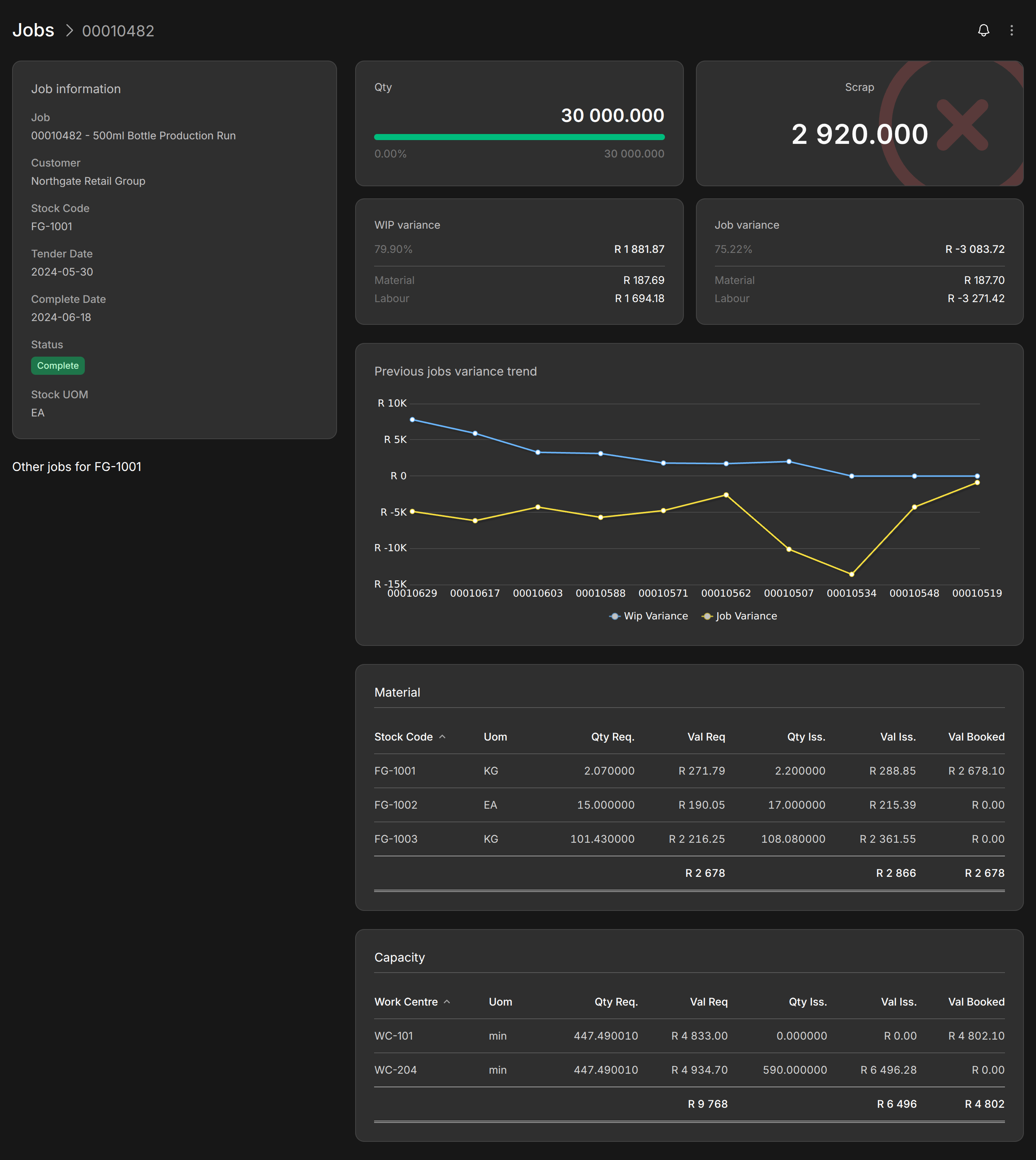 Modblox production job detail with previous jobs history for the same stock code
