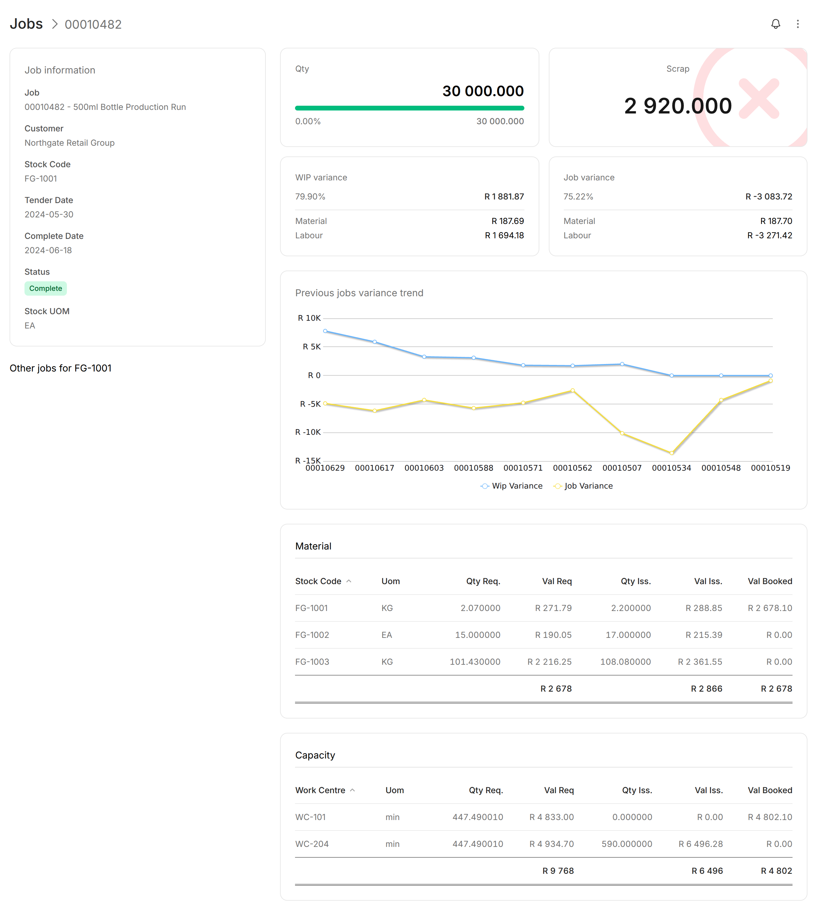 Modblox production job detail with previous jobs history for the same stock code