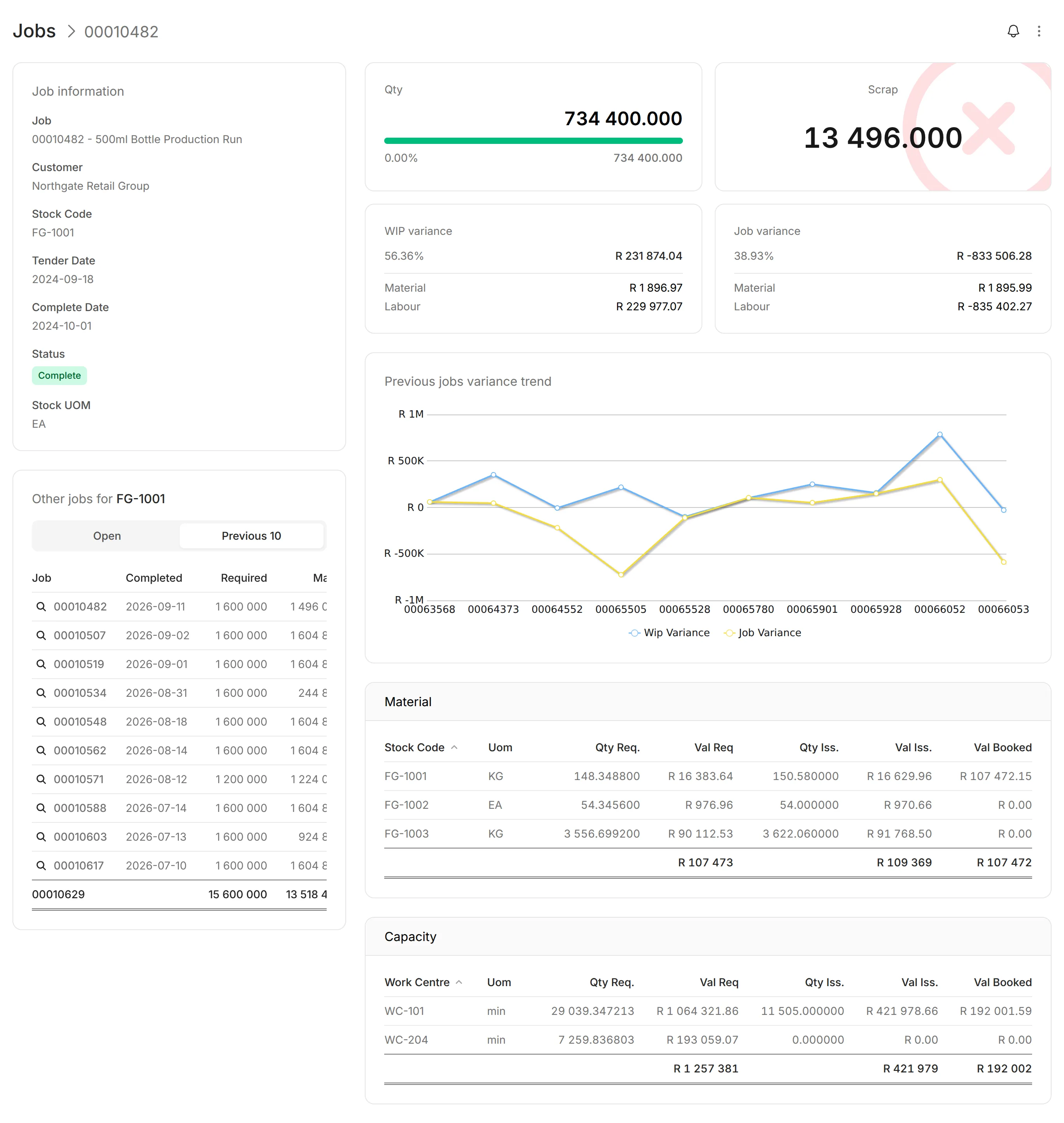 Modblox production job detail with previous jobs history for the same stock code