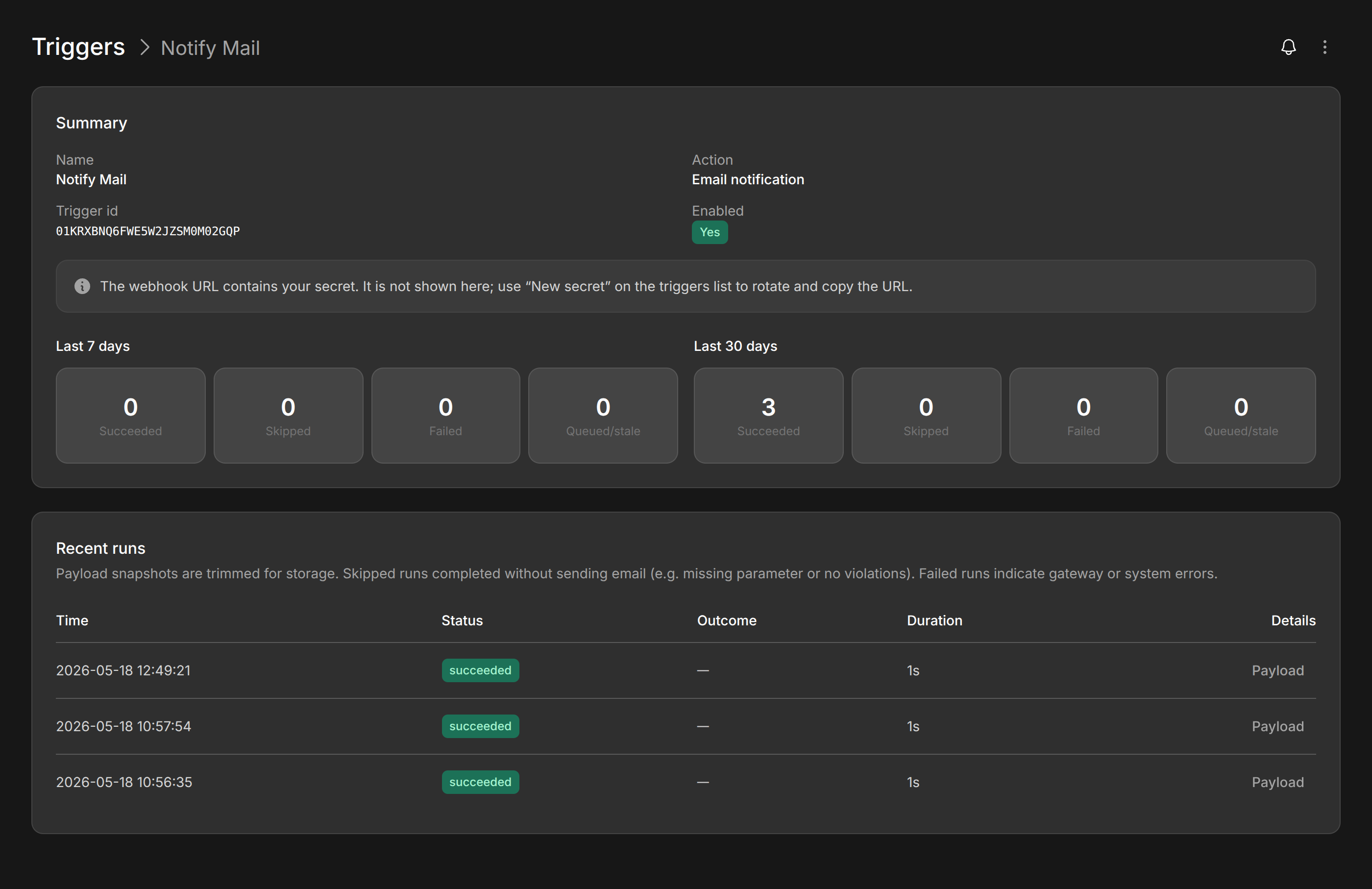 Modblox trigger detail with invocation stats and recent run history