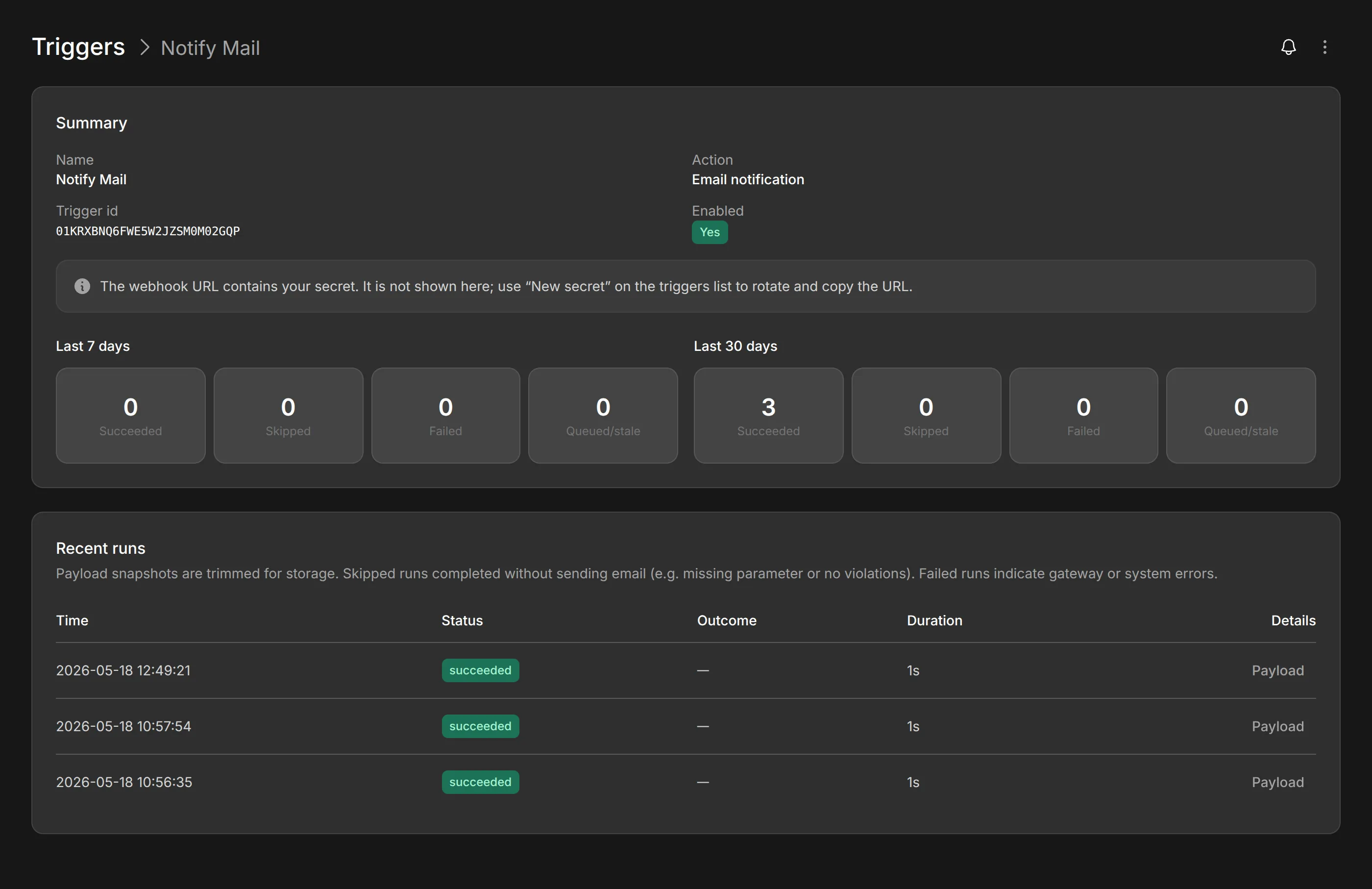 Modblox trigger detail with invocation stats and recent run history