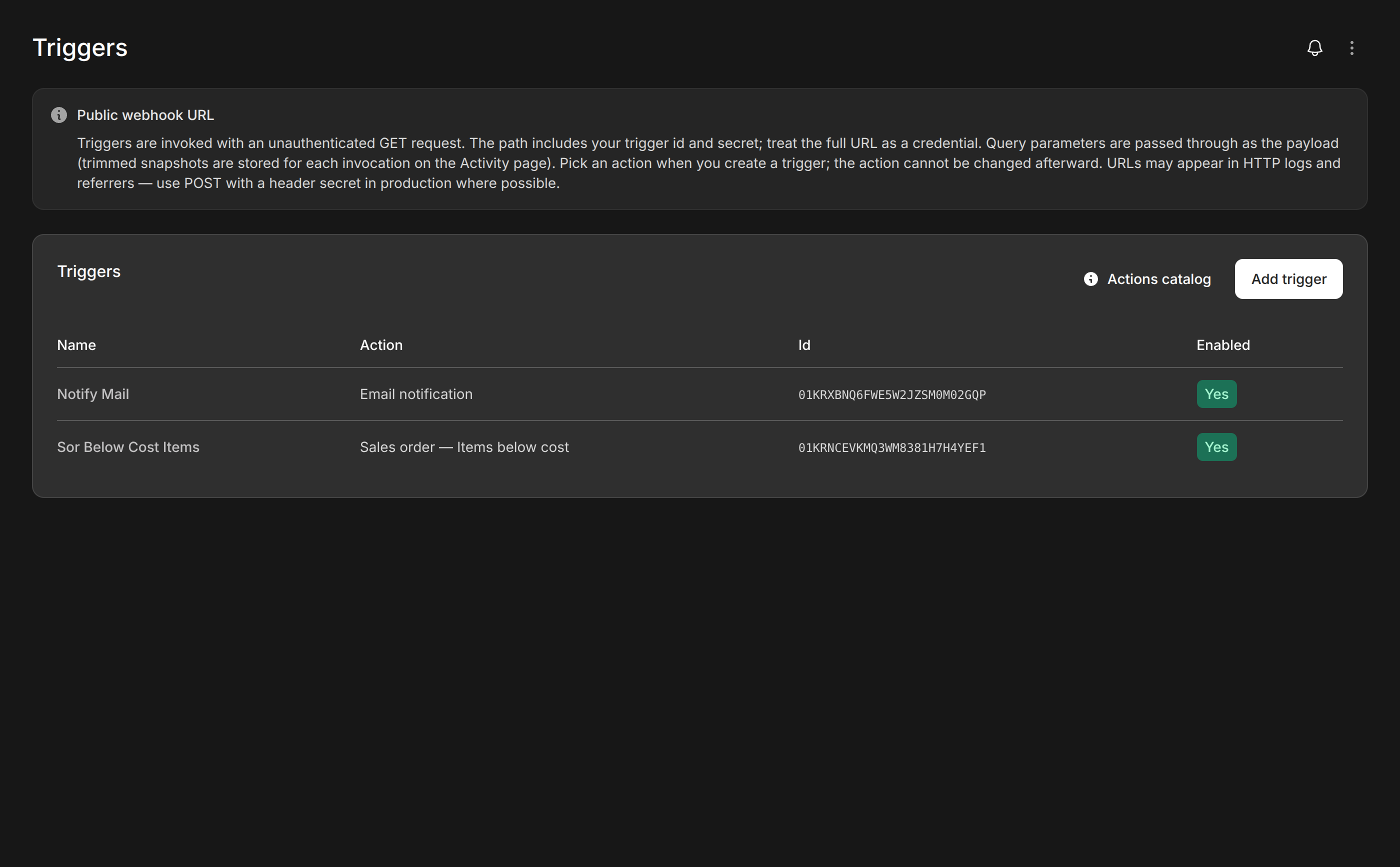 Modblox Triggers workspace showing configured webhook triggers per company