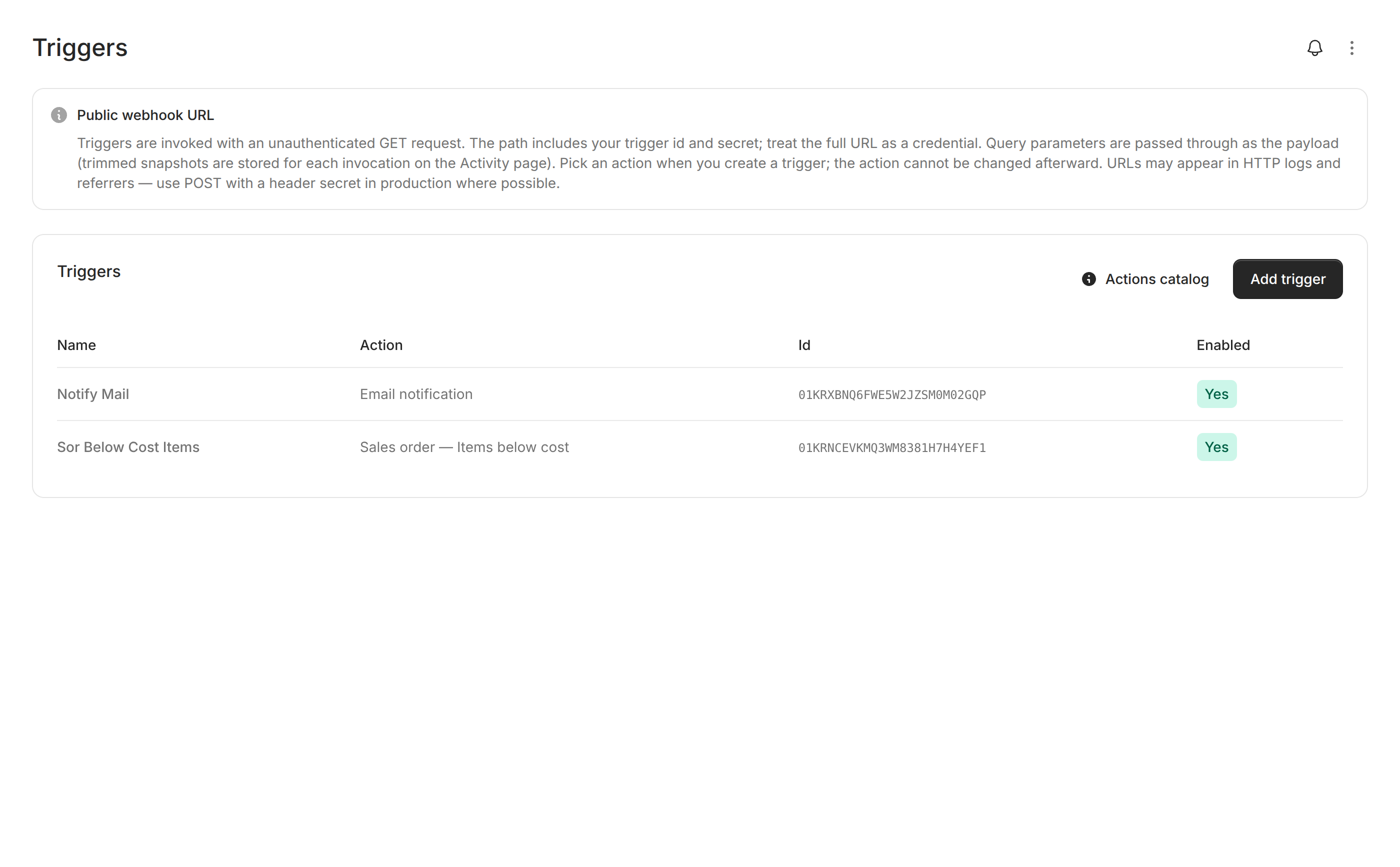 Modblox Triggers workspace showing configured webhook triggers per company